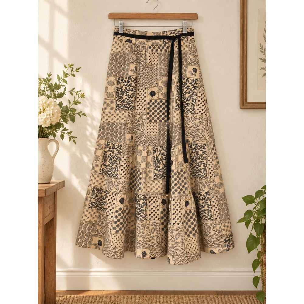 Cotton Floral Patchwork Print Maxi Skirt Beige Black Full Boho Cottagecore